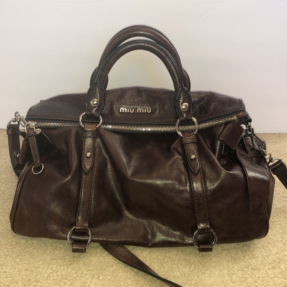 Authentic Brown Leather Miu Miu Satchel with Crossbody Strap and Dust bag
